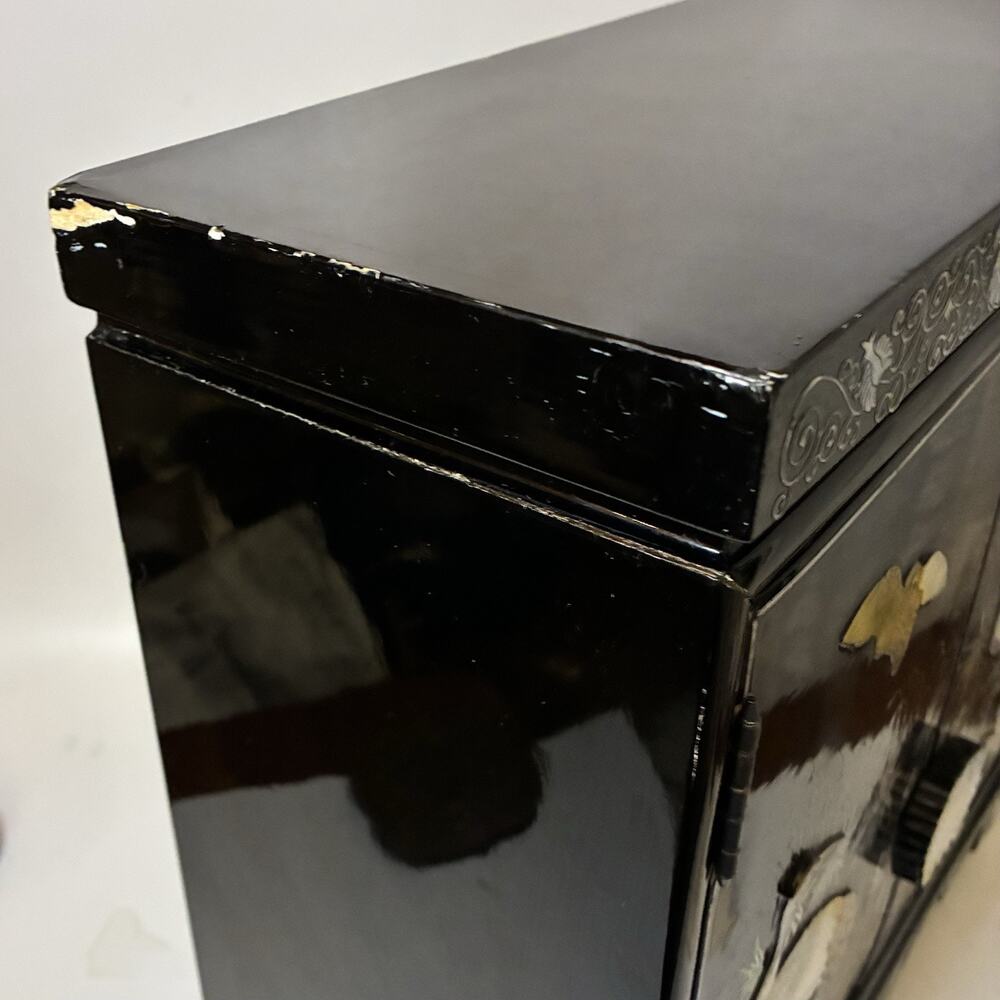 Vintage Chinese Mother of Pearl Inlay Jewelry Cabinet Lacquer Crane Box - Picture 13 of 16